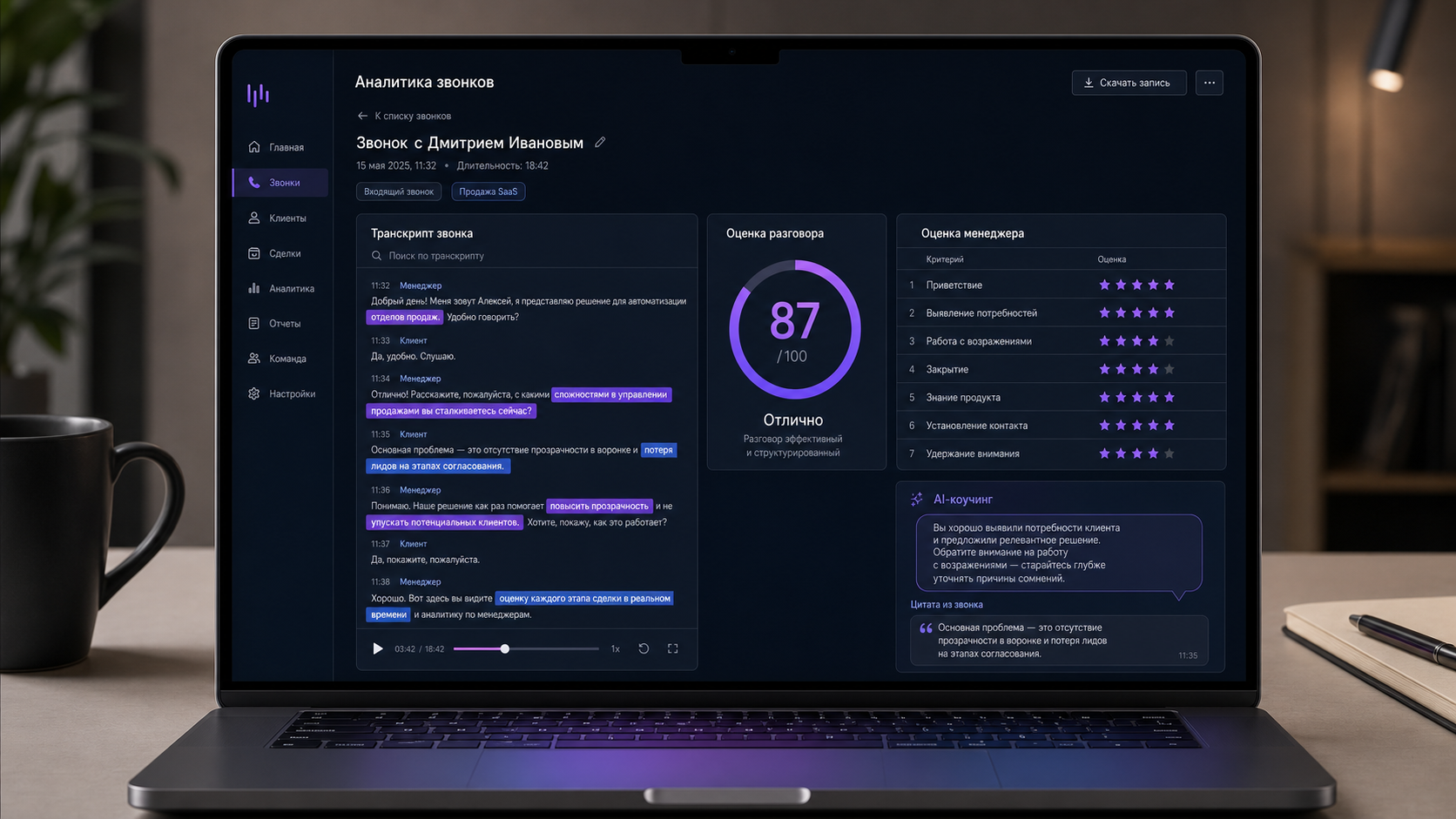 AI-аналитика звонков — оценка менеджеров IA9 CRM